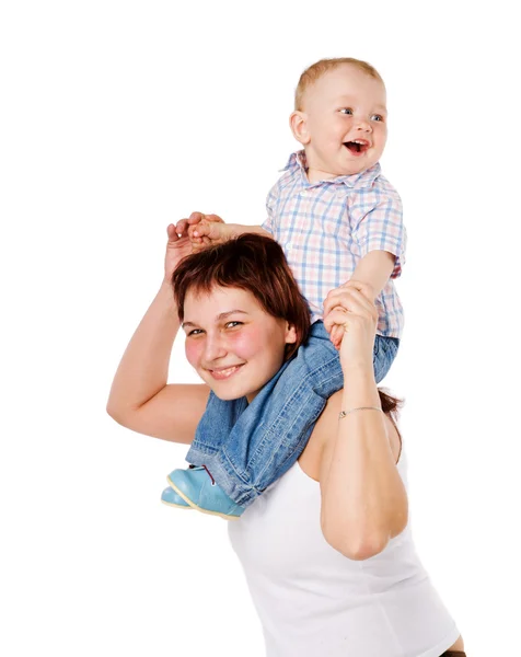 Happy Matka Drží Jeden Rok Syn Izolované Bílém — Stock fotografie