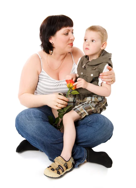 Mother Son Posing Together Isolated White — Stock Photo, Image