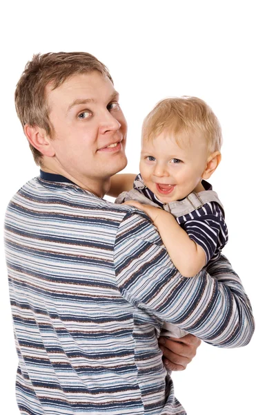 Щасливий Батько Разом Сином Ізольовані Білому — стокове фото