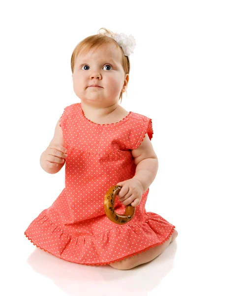 Ano Bebê Comer Biscoito Saboroso Isolado Branco — Fotografia de Stock