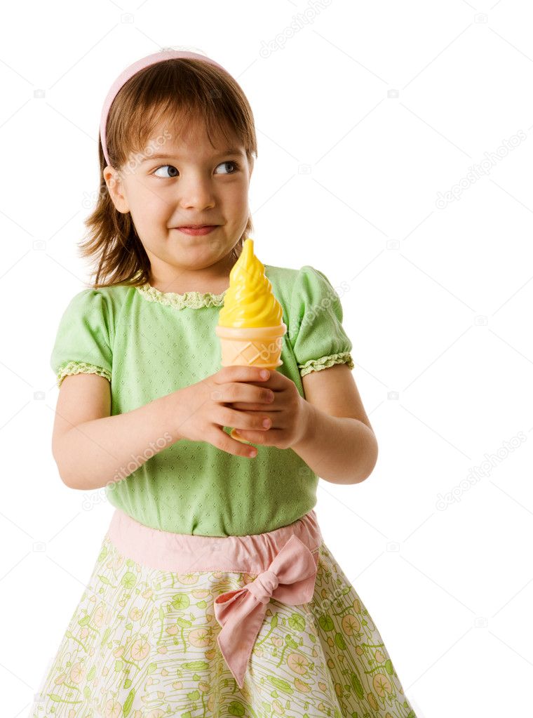 Little girl eating tasty Ice-cream isolated on white