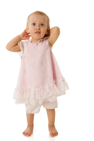 Ettårig Flicka Stående Bär Rosa Klä Isolerad Vit — Stockfoto