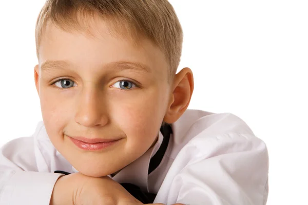 Feliz Menino Sete Anos Olhando Para Você Isolado — Fotografia de Stock