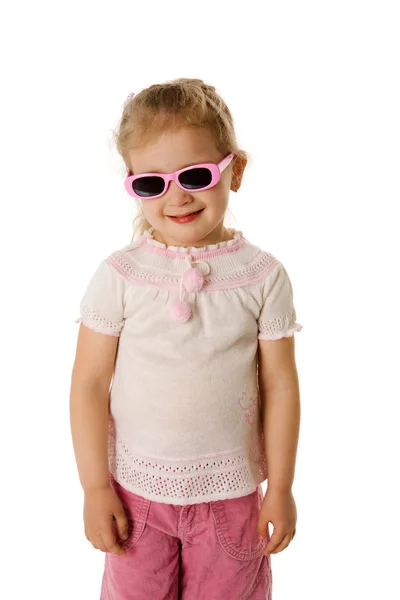 Menina Usando Óculos Sol Rosa Isolado Branco — Fotografia de Stock