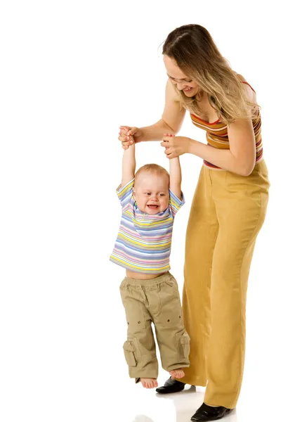Mãe Feliz Brincando Com Ano Filho Isolado Branco — Fotografia de Stock