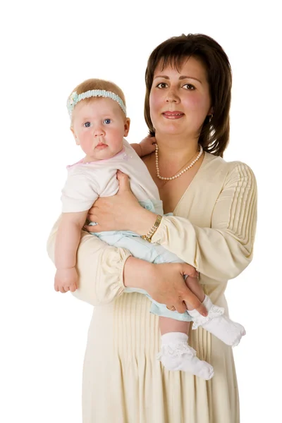 Gelukkig Moeder Houden Babymeisje Geïsoleerd Wit — Stockfoto