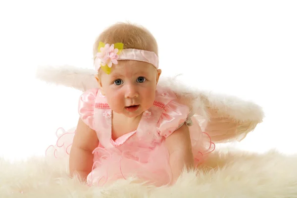 Κοριτσάκι Που Φοράει Φτερά Αγγέλου Που Απομονώνονται Λευκό — Φωτογραφία Αρχείου