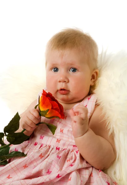 Κοριτσάκι Κρατώντας Τριαντάφυλλο Πορτρέτο Που Απομονώνονται Λευκό — Φωτογραφία Αρχείου