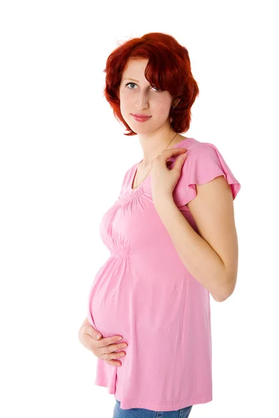 Redhead Pregnant Woman Holding Flower Isolated White — Stock Photo, Image