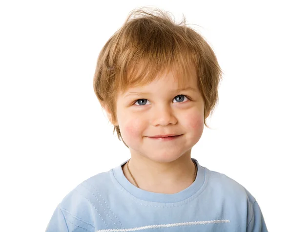 Lycklig Pojke Tittar Upp Skrattar Isolerade Vit — Stockfoto