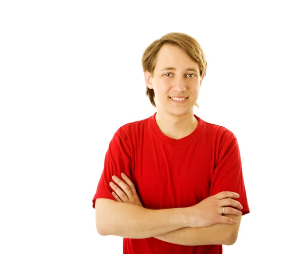Young Man Wearing Casual Closes Staring Isolated White — Stock Photo, Image