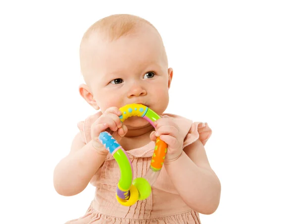 Seis Meses Bebé Masticando Juguete Aislado Blanco — Foto de Stock