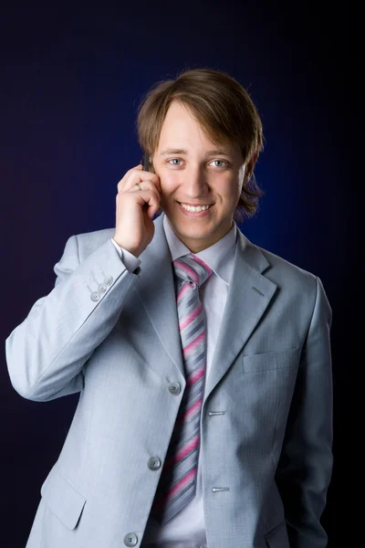 Businessman Talking Cell Phone Dark Background — Stock Photo, Image