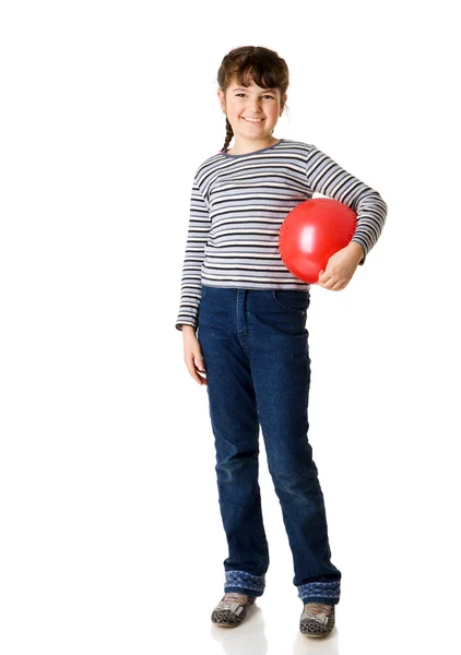 Neşeli Dokuz Yaşındaki Kızı Izole Üzerinde Beyaz Topu Tutmak — Stok fotoğraf