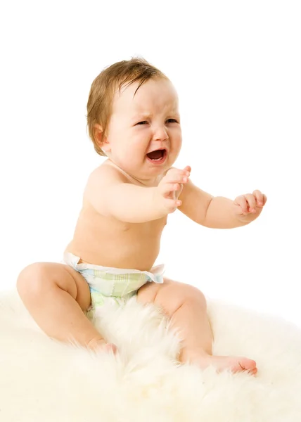 Chorando Bebê Menina Pedindo Mãe Isolada Branco — Fotografia de Stock