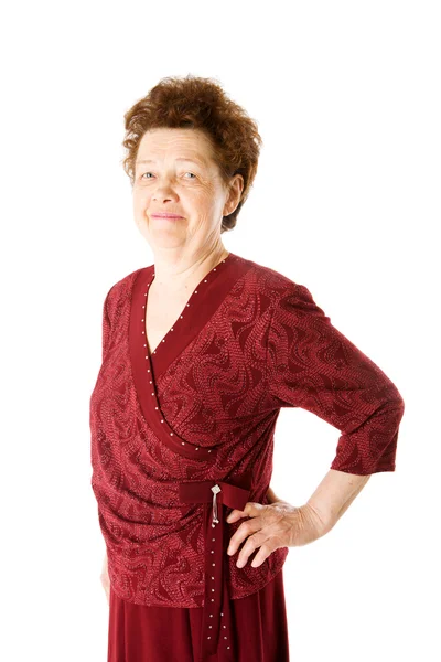 Mutlu Duran Kırmızı Giysili Yaşlı Kadın Üzerinde Beyaz Izole — Stok fotoğraf