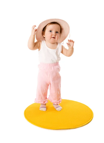 Baby Girl Wearing Panama Standing Carpet Isolated — Stock Photo, Image