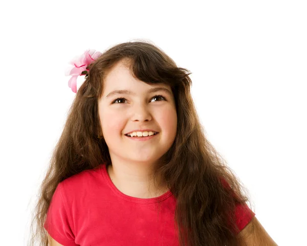 Щаслива Допитлива Маленька Дівчинка Дивиться Вгору Ізольовано Білому — стокове фото