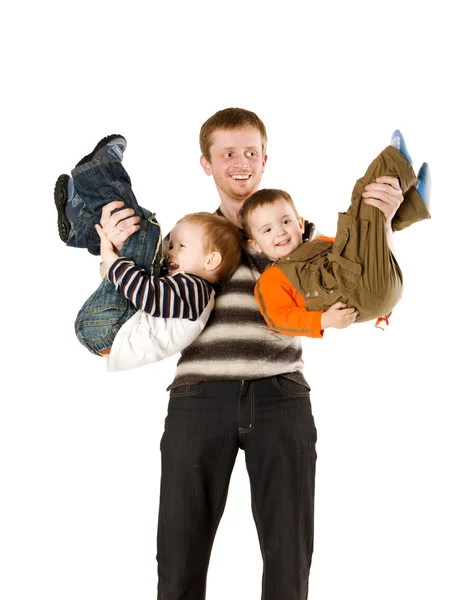 Pai Feliz Brincando Com Dois Filhos Isolados Branco — Fotografia de Stock