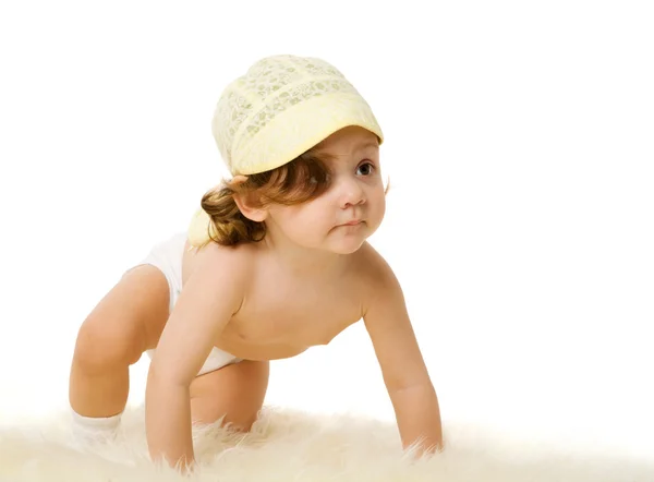 Bebê Menina Usando Chapéu Sentado Isolado Branco — Fotografia de Stock