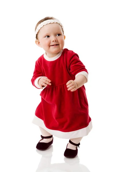 Menina Bebê Vestindo Vestido Vermelho Dançando Isolado Branco — Fotografia de Stock