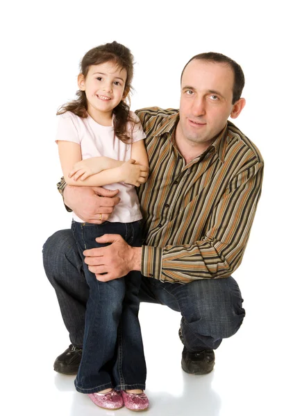 Pai Feliz Cinco Anos Filha Isolada Branco — Fotografia de Stock