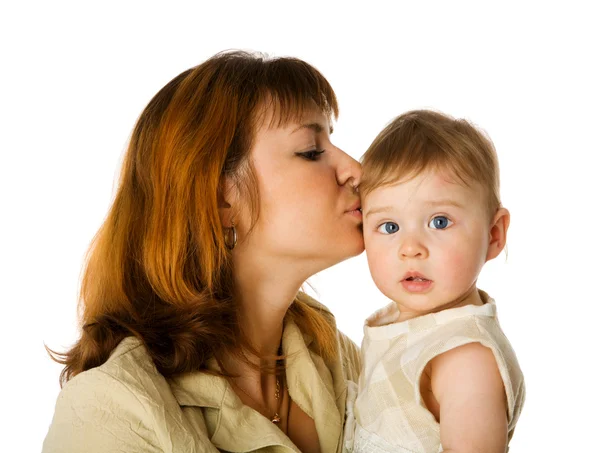 Mother Kissing Little Daughter Isolated White — Stock Photo, Image
