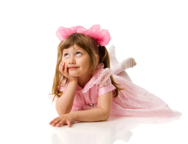 快乐的女孩穿上白色隔离粉红色连衣裙 — 图库照片