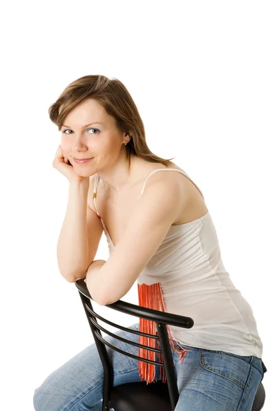 Portrait Jeune Femme Assise Sur Une Chaise Isolée — Photo