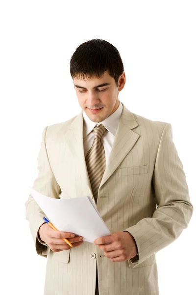 Homem Negócios Leitura Contrato Isolado Branco — Fotografia de Stock