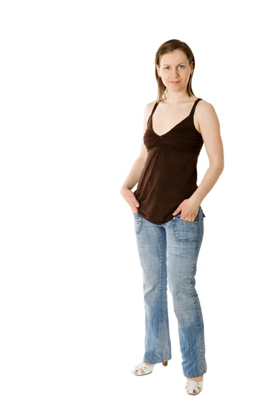 白で隔離される茶色のシャツを着た若い女性 — ストック写真