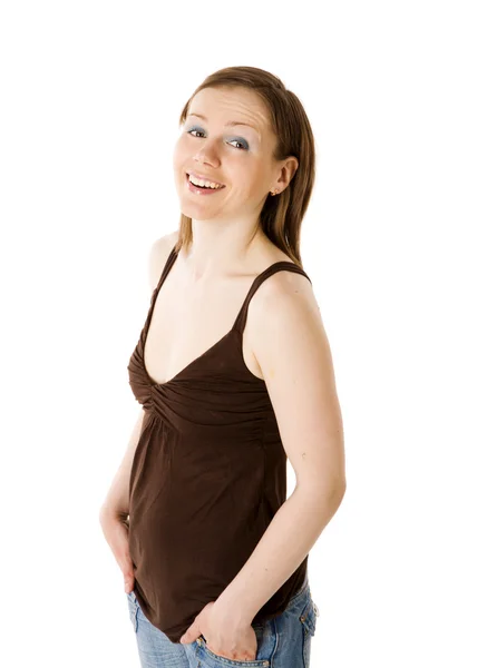 年轻女子穿上白色隔离的棕色衬衫 — 图库照片