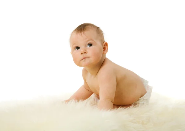 Baby Mädchen Alter Von Fünf Monaten Sitzt Auf Pelzen Isoliert — Stockfoto