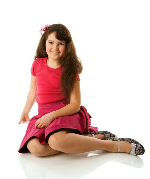 Cheerful Ten Year Girl Sitting Floor Isolated White — Stock Photo, Image