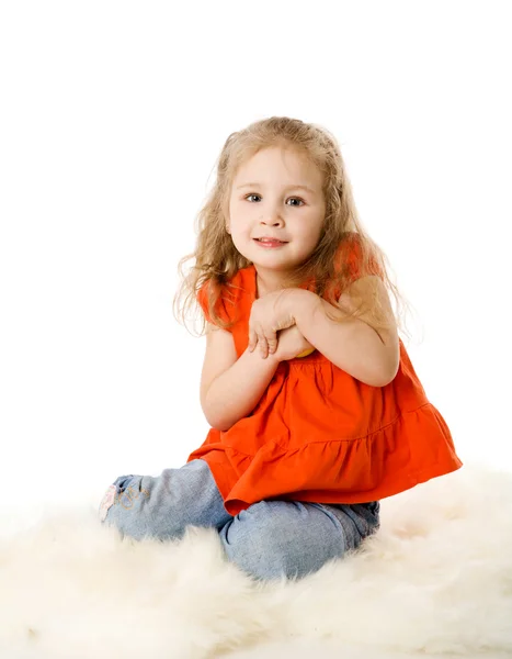 Graciosa Chica Cuatro Años Sentada Suelo Aislada Blanco —  Fotos de Stock