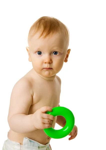 One Year Boy Holding Ring Toy Isolated White — Stock Photo, Image