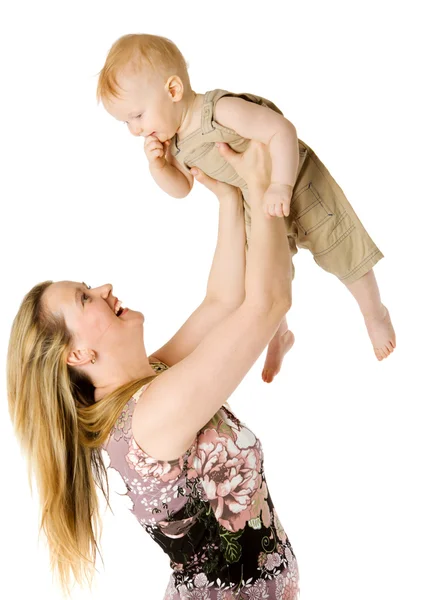 Glad Mamma Hålla Småbarn Son Isolerad Vit — Stockfoto