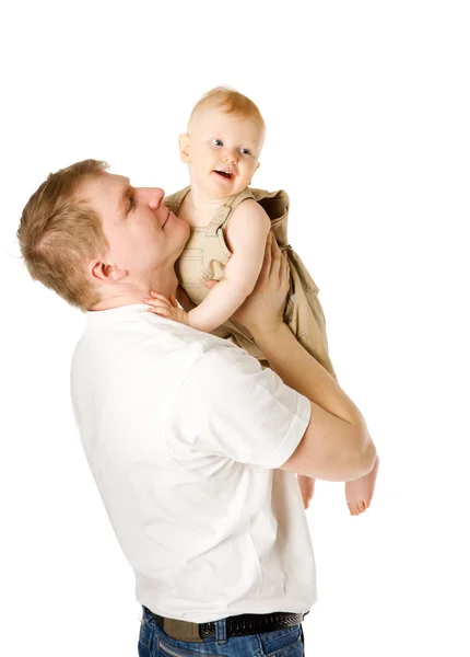Szczęśliwy Ojciec Trzymający Syna Dziewięć Miesięcy Białym Tle — Zdjęcie stockowe
