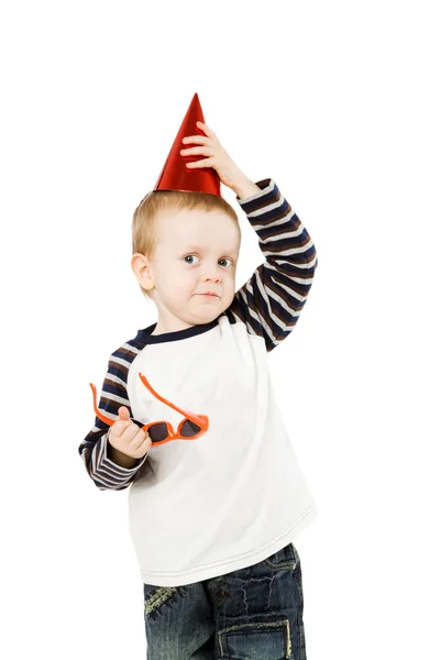 Neşeli Dört Yıl Çocuk Üzerinde Beyaz Izole Şapkası — Stok fotoğraf
