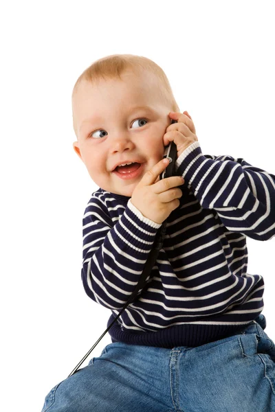 Счастливый Маленький Мальчик Разговаривает Телефону Изолированы Белом — стоковое фото