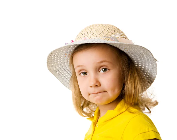 Little Girl Wearing Straw Hat Isolated White — Stock Photo, Image