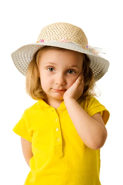 Kleines Mädchen Mit Strohhut Auf Weißem Hintergrund — Stockfoto