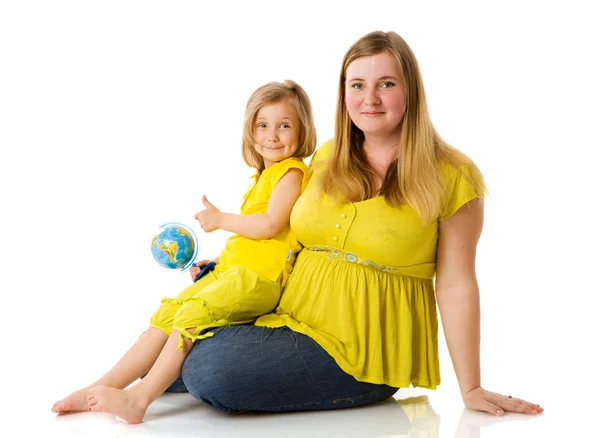 Mother Daughter Holding Globe Isolated White — Stock Photo, Image