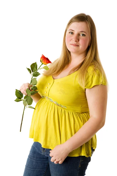 Mujer Embarazada Vestida Amarillo Posando Aislada Sobre Blanco —  Fotos de Stock