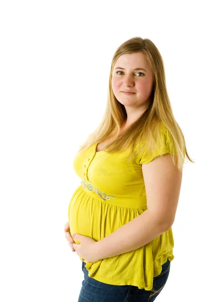 Pregnant Woman Wearing Yellow Posing Isolated White — Stock Photo, Image