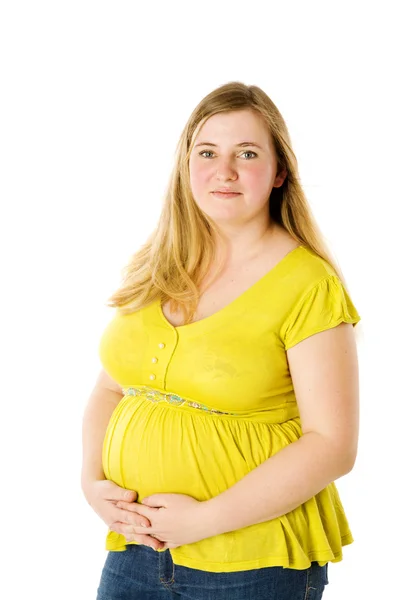 Těhotná Žena Nosí Žluté Pózuje Izolovaných Bílém — Stock fotografie