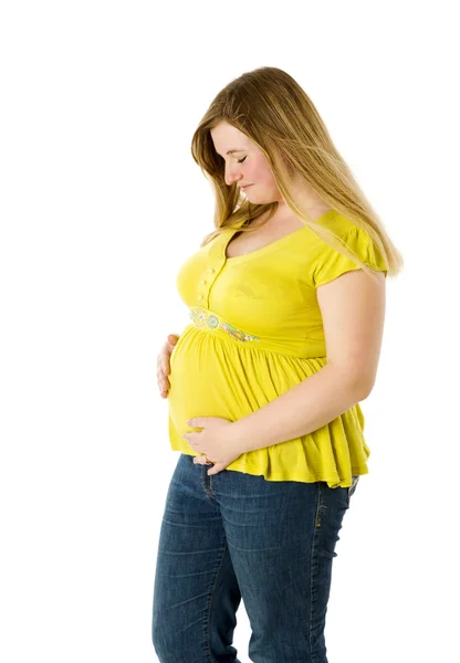 Těhotná Žena Nosí Žluté Pózuje Izolovaných Bílém — Stock fotografie