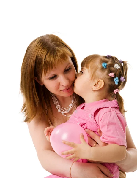 Little Girl Kissing Mother Isolated White — Stock Photo, Image