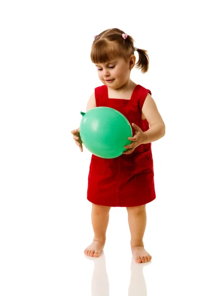 Dois Anos Menina Brincando Com Balão Isolado Branco — Fotografia de Stock