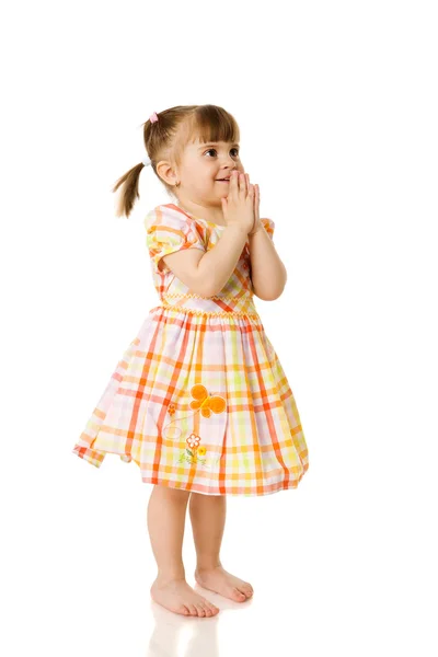 Küçük Kız Izole Üzerinde Beyaz Dua Güzel Elbise — Stok fotoğraf